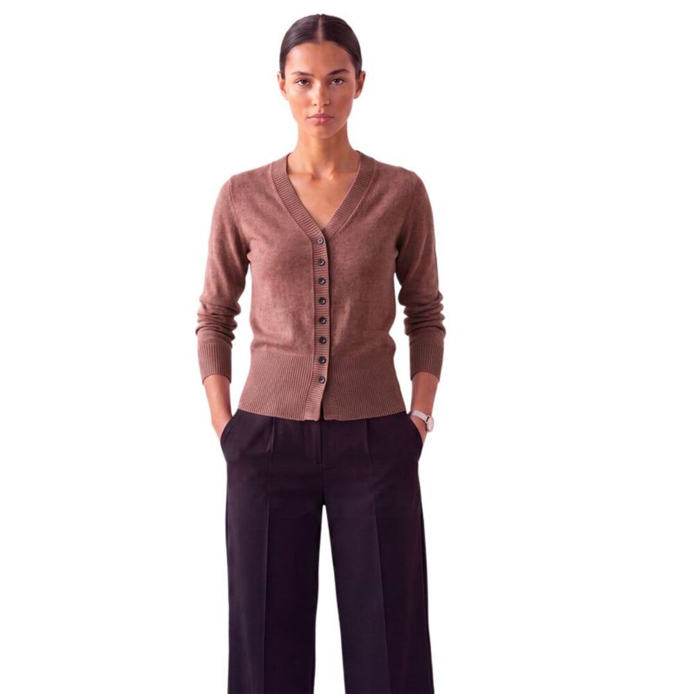 Women Knit Cardigan Long Sleeve Cinched Waist V Neck Office Tops Dusty Rose